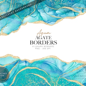 Bordes de ágata aguamarina, geoda de acuarela aguamarina, borde de mármol con brillo dorado, descarga instantánea, uso comercial