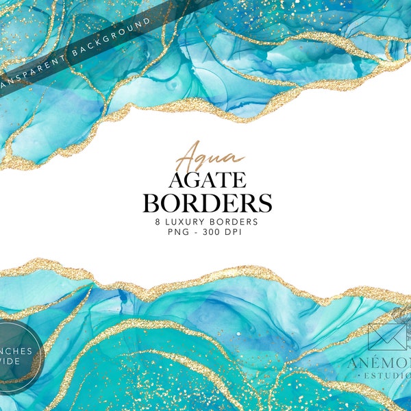 Aqua Agate Borders clipart, Aqua Watercolor geode clipart -  gold glitter marble border -  instant download - commercial use