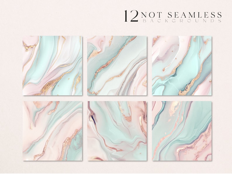 May include: Twelve abstract digital backgrounds featuring a swirling marble pattern in shades of pink, blue, and green with gold accents.  The text "12 NOT SEAMLESS BACKGROUNDS" is at the top of the image.