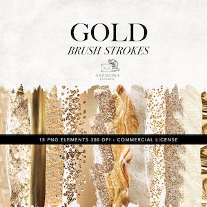 May include: A set of 15 gold brush stroke PNG elements, perfect for adding a touch of luxury to your designs. The elements are 300 DPI and come with a commercial license.