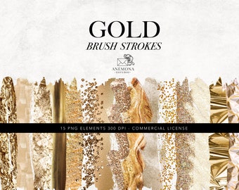 Gold Brush Stroke Clipart: Metallic Foil Paint, Glitter Effect (Digital Download, 300 DPI PNGs)
