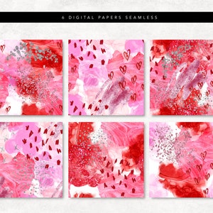 Op de afbeelding: Zes digitale papieren met een naadloos patroon met roze, rode en zilveren abstracte aquarelontwerpen met glitter en harten.