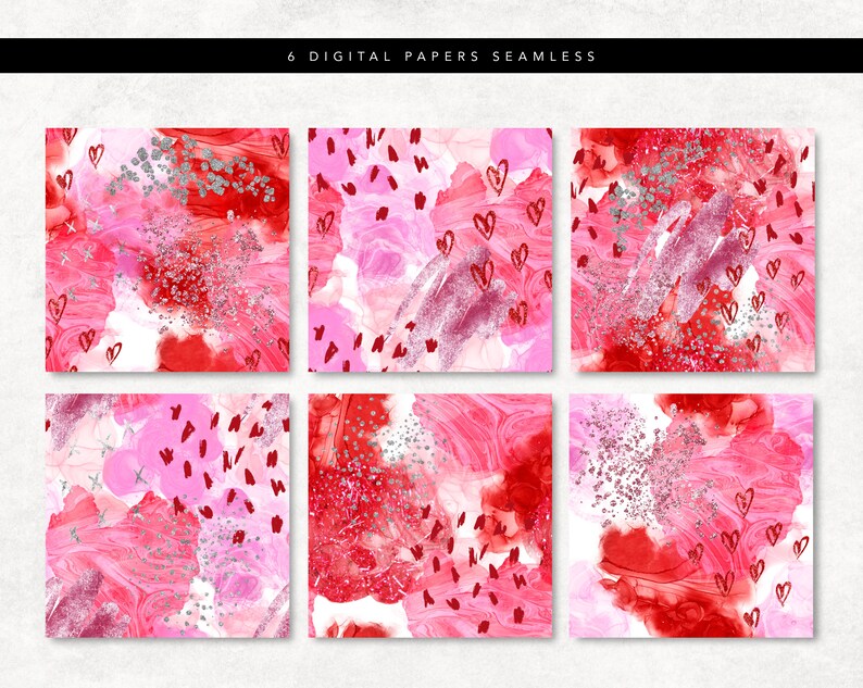 Op de afbeelding: Zes digitale papieren met een naadloos patroon met roze, rode en zilveren abstracte aquarelontwerpen met glitter en harten.