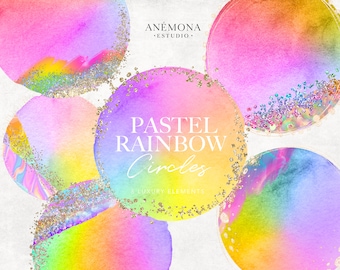 Pastel Rainbow Watercolor Circles Clipart: Glitter Foil (Digital Product)
