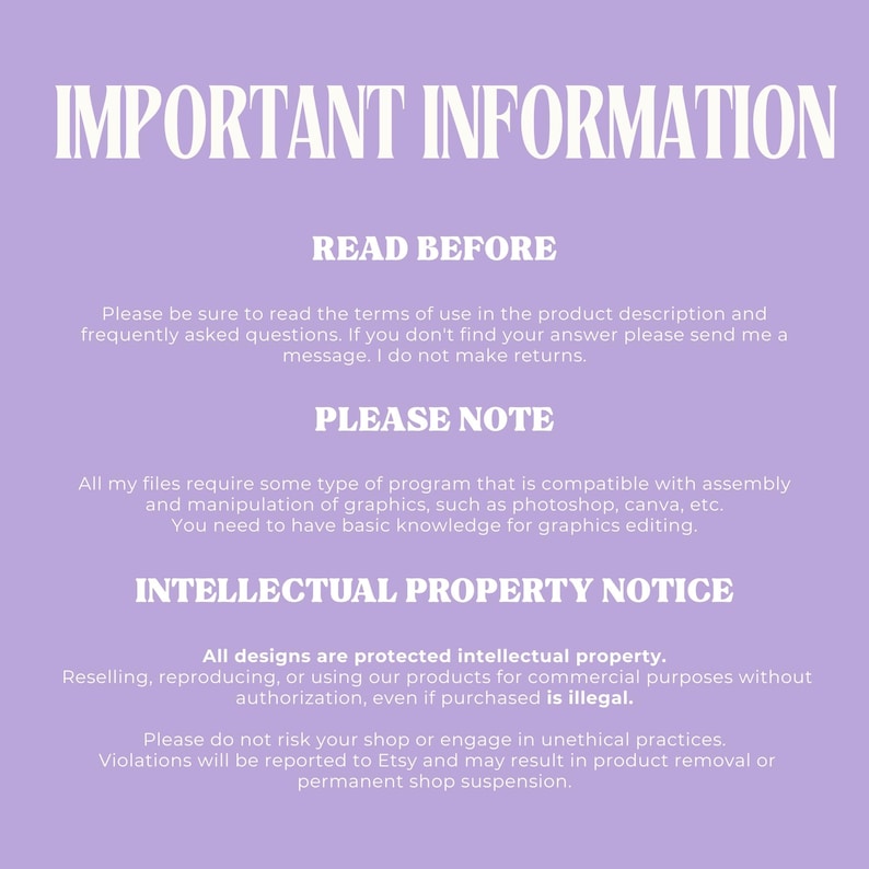 Puede incluir: Gr&aacute;fico morado claro con texto blanco. El texto dice "IMPORTANT INFORMATION" en la parte superior, seguido de "READ BEFORE" y un descargo de responsabilidad sobre los t&eacute;rminos de uso y las devoluciones. Debajo est&aacute; "PLEASE NOTE" e informaci&oacute;n sobre los conocimientos de software requeridos. El gr&aacute;fico termina con "INTELLECTUAL PROPERTY NOTICE".