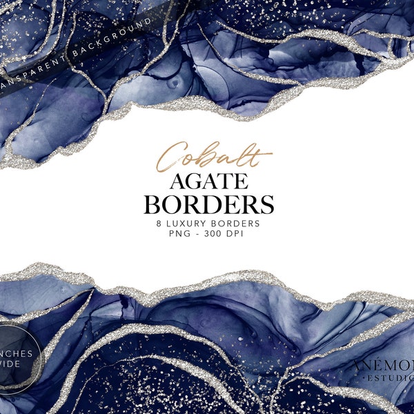 Blue Cobalt Agate Borders clipart, Indigo Watercolor geode clipart - Silver glitter marble border -  instant download - commercial use