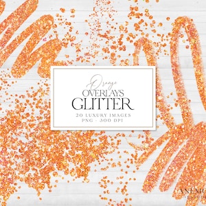 Op de afbeelding: Oranje glitter overlays, een digitale download van 20 hoge resolutie PNG-afbeeldingen. De afbeeldingen tonen verschillende stijlen van oranje glitter, waaronder verspreide glitter, glitterwervelingen en glitterlijnen. De afbeeldingen zijn perfect om een ​​toets van glitter toe te voegen aan uw ontwerpen.