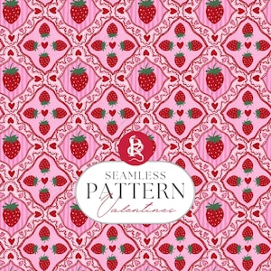 Könnte beinhalten: Nahtloses Muster mit Erdbeeren und Herzen auf rosa Hintergrund. Das Design umfasst große und kleine Erdbeeren mit einem sich wiederholenden Muster aus Herzen und dekorativen Bordüren. Der Text "SEAMLESS PATTERN Valentines" ist ebenfalls enthalten.