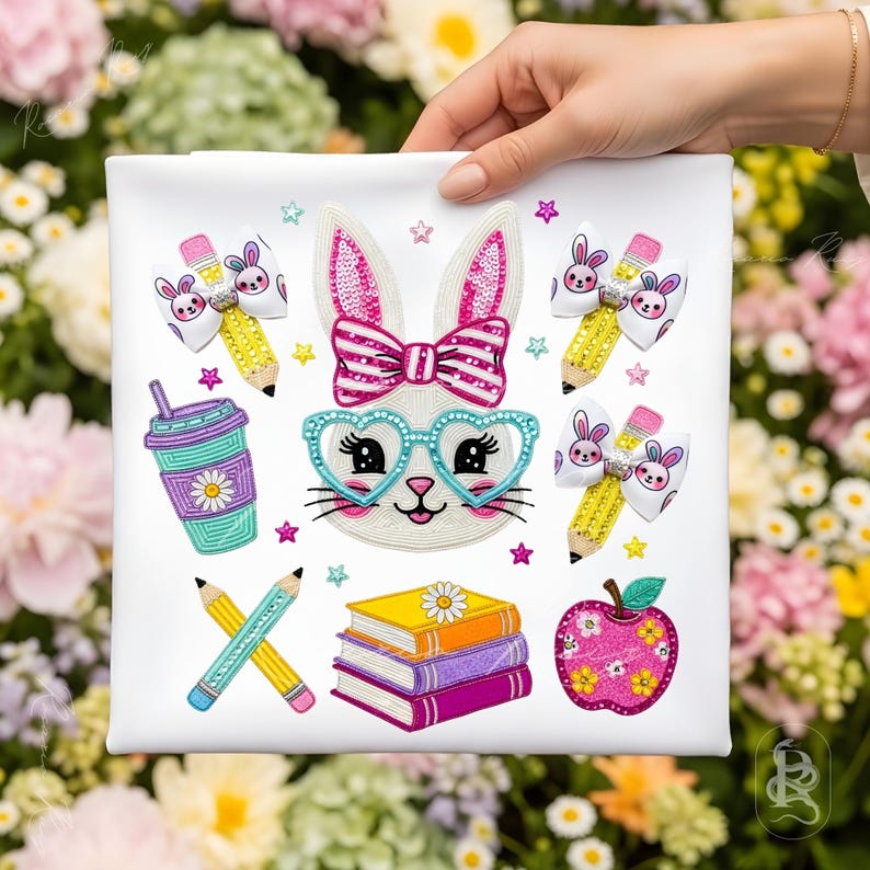 Puede incluir: Tela blanca con dise&ntilde;os bordados coloridos con tem&aacute;tica escolar. Presenta una cara de conejo con gafas en forma de coraz&oacute;n, l&aacute;pices, libros, una manzana y una taza para beber. El dise&ntilde;o incluye colores rosa, azul, amarillo y morado.