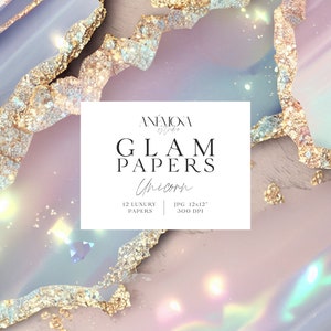 Carta digitale glamour con glitter scintillanti e glitterati, unicorno olografico pastello, texture di quarzo geode di marmo agata metallizzata, sfondi digitali di lusso