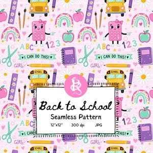 May include: A pink seamless pattern with school-related illustrations. The design includes yellow school buses, calculators, pencils, notebooks, scissors, rainbows, apples, and daisies. The text "Back to School" is displayed in a white rectangle.