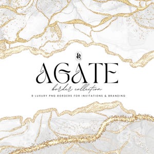 Puede incluir: Fondo blanco con diseño de mármol dorado y gris. El texto "AGATE border collection" está en escritura negra. La imagen también incluye el texto "8 Luxury PNG Borders for Invitations & Branding".