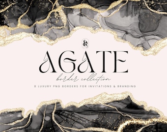 Black Agate Borders PNG Clipart, Marble and Gold Glitter Veins Borders for Wedding Invitations, Branding, Design Cards, Digital download