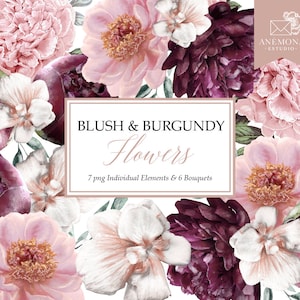 Blush und Burgunder Blumen Clipart - Burgunder Aquarell Blumen - Pfingstrosen Clipart - Aquarell Blumen Clipart - Kommerzielle Nutzung
