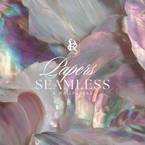 Pode incluir: Imagem abstrata de texturas iridescentes em camadas em tons de branco, rosa e roxo. A imagem apresenta o texto "Papers SEAMLESS 6 WALLPAPERS" em uma fonte estilizada, sugerindo uma coleção de papéis de parede digitais.