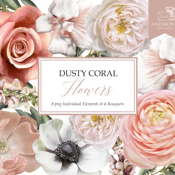 Dusty Coral flowers clipart - Coral aquarelle fleurs - Anémone clipart - Aquarelle fleurs clipart - Usage Commercial