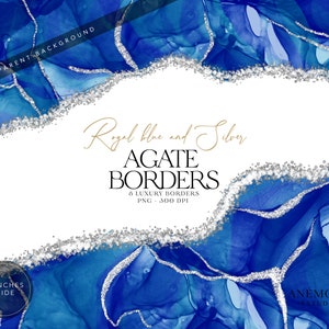Royal blau Achat Rahmen Clipart, Royal Blau Geode Clipart - Blau und Silber Glitzer Marmor Rand - sofortiger Download - kommerzielle Nutzung