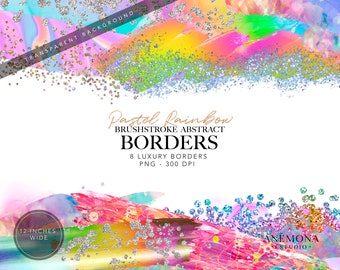 Rainbow  Borders Clipart - Glitter Border - Rainbow Digital Clipart Frame - Bright Clip Art Frames - Digital Glitter Frame