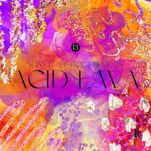 Clipart de tinta alcoólica de organza roxa e rosa choque, glitter neon, folha metálica e respingos abstratos PNG elementos para artesanato e design ousados