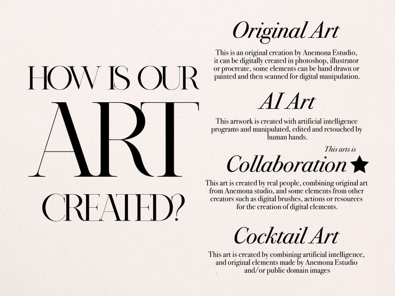 May include: A graphic with the text "HOW IS OUR ART CREATED?" in black. Below, the text describes the art creation process: Original Art, AI Art, Collaboration, and Cocktail Art. The background is a light beige color.