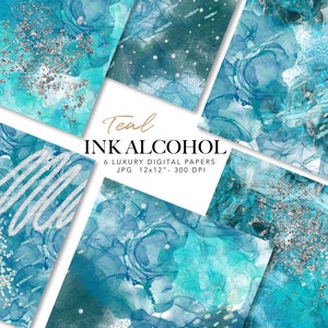 Op de afbeelding: Teal Ink Alcohol digitaal papierpakket met 6 abstracte ontwerpen in blauw en zilver. De papieren zijn 12x12 inch en 300 DPI.