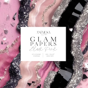 Carta digitale glamour con glitter scintillanti, rosa e nero, texture di quarzo geode di marmo agata metallizzata, sfondi digitali di lusso