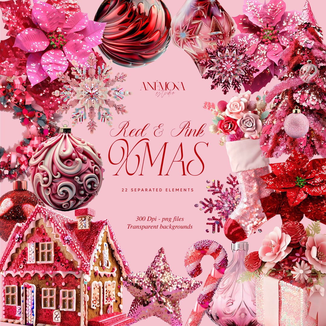 pink-christmas-clipart-gingerbread-house-pink-christmas-tree-crown