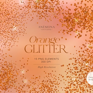 Könnte beinhalten: Orangefarbener Glitzerkonfetti auf einem pfirsichfarbenen Hintergrund. Der Text "Orange Glitter" ist in goldenen Buchstaben. Der Text "15 PNG Elements 300 DPI High Resolution" ist ebenfalls in goldenen Buchstaben. Der Text "Transparent Background" ist in weißen Buchstaben.
