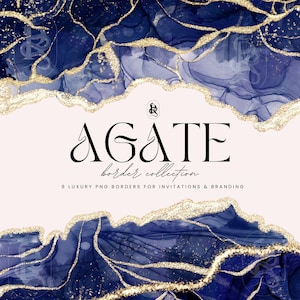 Blue Agate Borders PNG Clipart, Marble and Gold Glitter Veins Borders for Wedding Invitations, Branding, Design Cards, Digital download