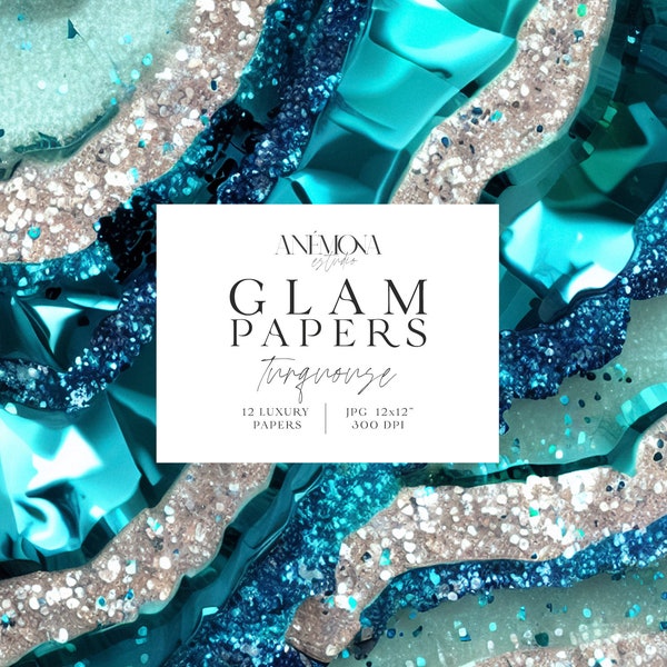 Turquoise Sparkling Shiny Glitter Glamorous Digital Paper, Metallic Agate Marble Geode Quartz Texture, Luxury Digital Backgrounds