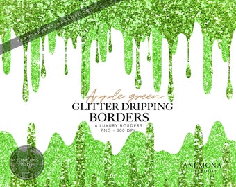 Apple Green Dripping, green Drip borders, drips Glitter borders, Lime Drips borders Clipart, Glitter frosting clip art