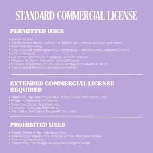 Puede incluir: Documento lila titulado &laquo;LICENCIA COMERCIAL EST&Aacute;NDAR&raquo;. Detalla usos permitidos, requeridos y prohibidos. El texto enumera varios usos, incluyendo uso personal, branding empresarial y art&iacute;culos f&iacute;sicos y digitales para la venta.