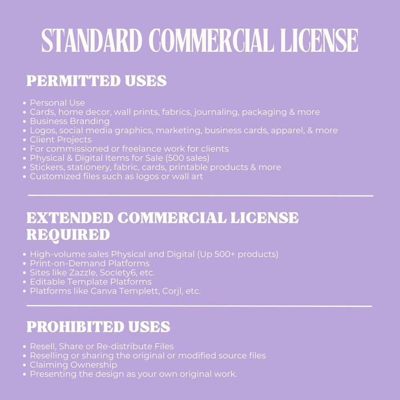 Puede incluir: Documento lila titulado &laquo;LICENCIA COMERCIAL EST&Aacute;NDAR&raquo;. Detalla usos permitidos, requeridos y prohibidos. El texto enumera varios usos, incluyendo uso personal, branding empresarial y art&iacute;culos f&iacute;sicos y digitales para la venta.