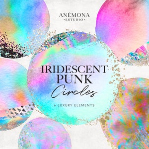 Iridescent Watercolor Circles Clipart: Glitter Holographic PNG (Digital Product)