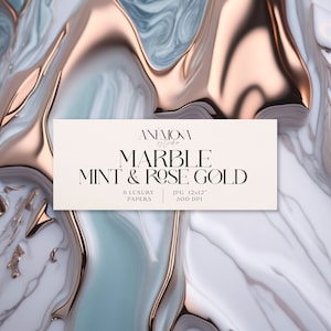 May include: A digital paper pack with six abstract marble designs in shades of mint green, white, and rose gold. The text "ANEMONY MARBLE MINT & ROSE GOLD 6 LUXURY PAPERS JPG 12x12" 300 DPI" is displayed on a white rectangle.
