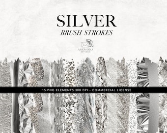 Silver Brush Strokes Clipart: Metallic Foil, Glitter (PNG Digital Download)