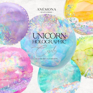 Clipart de círculos de acuarela de arcoíris - Clipart de círculos brillantes - Clipart de logotipos - Clipart de círculos holográficos - Fondo de logotipos