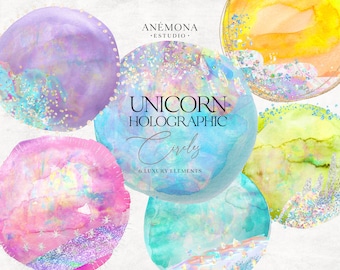 Watercolor Glitter Circle Clipart: Rainbow Holographic Logo Background (Digital Product)