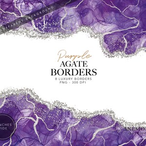 Imágenes prediseñadas de bordes de ágata púrpura, imágenes prediseñadas de geoda de acuarela de amatista - Borde de mármol con brillo plateado - Descarga instantánea - Uso comercial