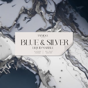 Blue Marble Digital Paper, luxe blauwmarmertexturen met zilveraders afdrukbaar plakboekpapier voor commercieel gebruik