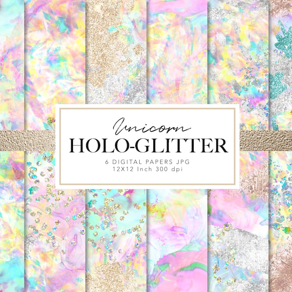 Holografisches Glitter Papier - Digitales nahtloses Papier - Einhorn digitales Papier, Pastell Regenbogen Papier, Holo irisierende Texturen, Scrapbook