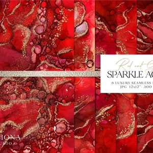 Red Agate Paper: Gold Glitter Marble, Seamless Alcohol Ink (Digital Download)