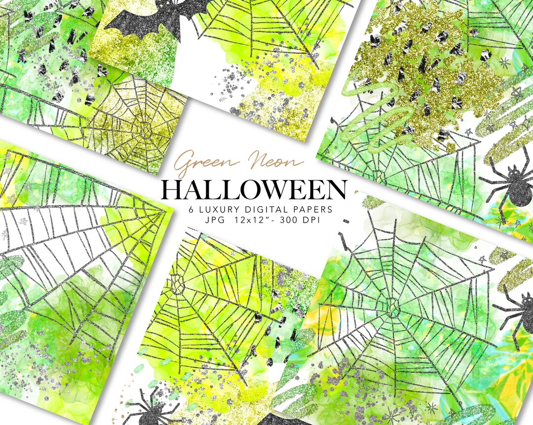 Green Neon Halloween Digital Paper: Glitter Spiderwebs (digital ...