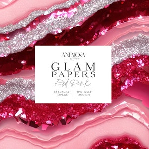 Carta digitale glamour con glitter scintillanti rosa e rossi, texture di quarzo geode di marmo agata metallizzata fragola, sfondi digitali di lusso
