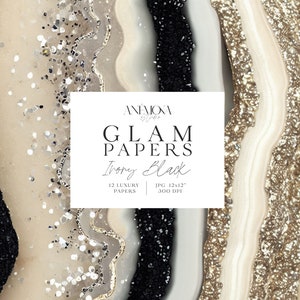 Carta digitale glamour, glitter scintillante, avorio, oro, nero, texture di quarzo geode di marmo agata metallizzata, sfondi digitali di lusso
