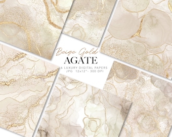 Papel digital de ágata beige: Arte con tinta al alcohol y mármol dorado (JPG de 30,5 x 30,5 cm)