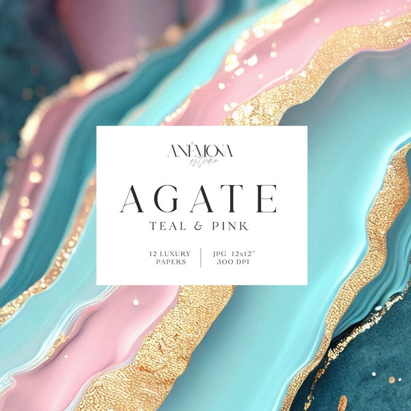 Agate Backgrounds, Pink and teal agate gold foil, digital paper pack, geode background, canva Agate slice background, Digital download