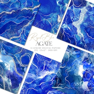 Digitaal papier koningsblauwe agaat - Blauw marmer en zilverpapier - Papier alcoholinkt - Papier koningsblauw geode - Afdrukbaar papier voor commercieel gebruik