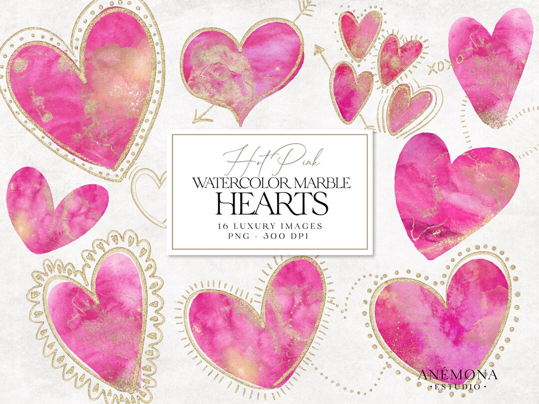 Watercolor Hearts Clipart, Hot Pink & Gold Glitter Frames Stickers ...