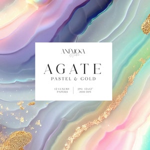 Puede incluir: Paquete de papel digital abstracto con colores pastel y dorado. 12 papeles de lujo, JPG 12x12", 300 DPI. Agate de Annova.